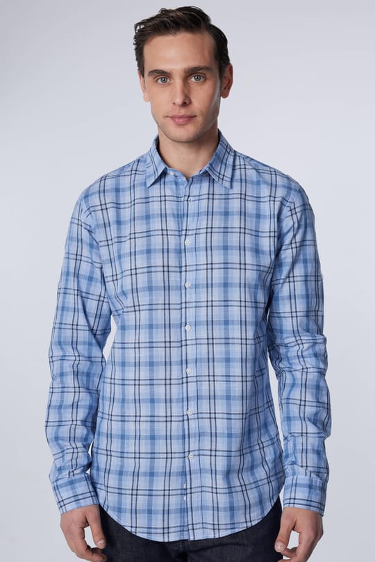 Erkek Slim Fit Dar Kesim Uzun Kollu %100 Pamuk Keten Doku Kareli Gömlek