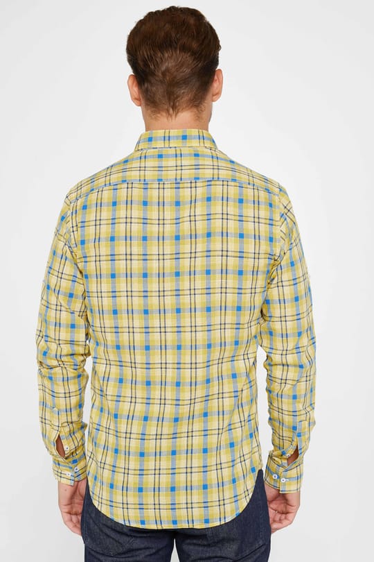 Erkek Slim Fit Dar Kesim Uzun Kollu %100 Pamuk Keten Doku Kareli Gömlek