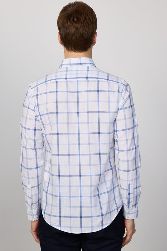 Erkek Slim Fit Dar Kesim Uzun Kollu %100 Pamuk Keten Doku Kareli Gömlek