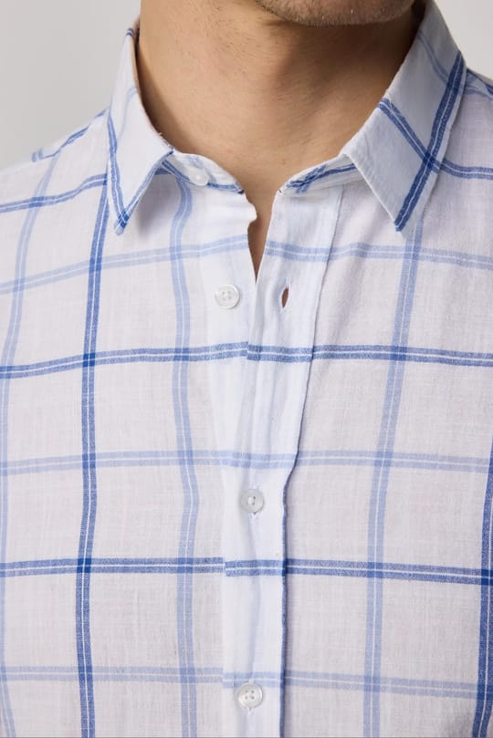 Erkek Slim Fit Dar Kesim Uzun Kollu %100 Pamuk Keten Doku Kareli Gömlek