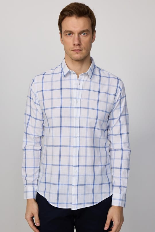 Erkek Slim Fit Dar Kesim Uzun Kollu %100 Pamuk Keten Doku Kareli Gömlek