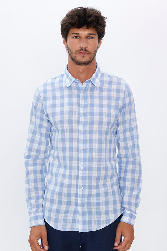 Erkek Slim Fit Dar Kesim Uzun Kollu %100 Pamuk Keten Doku Kareli Gömlek