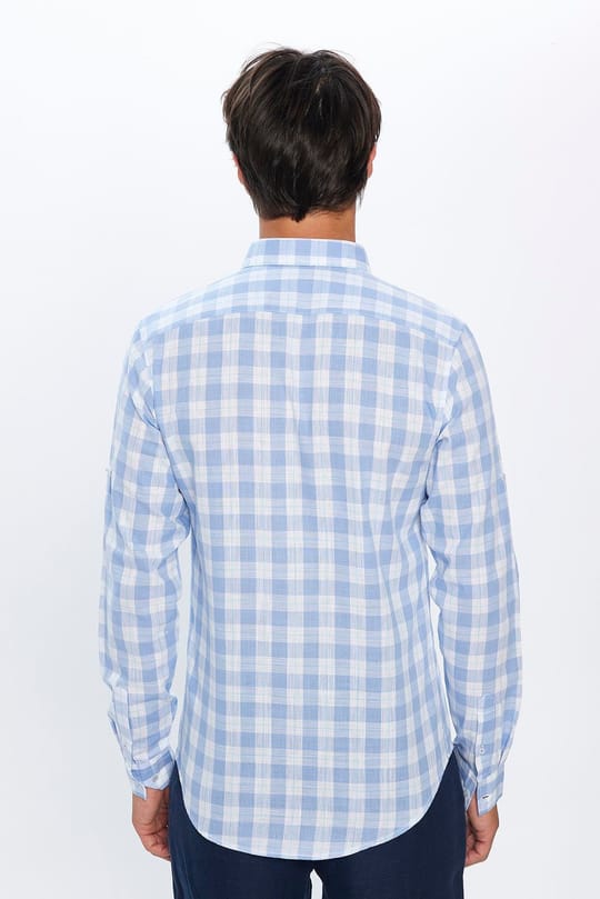 Erkek Slim Fit Dar Kesim Uzun Kollu %100 Pamuk Keten Doku Kareli Gömlek