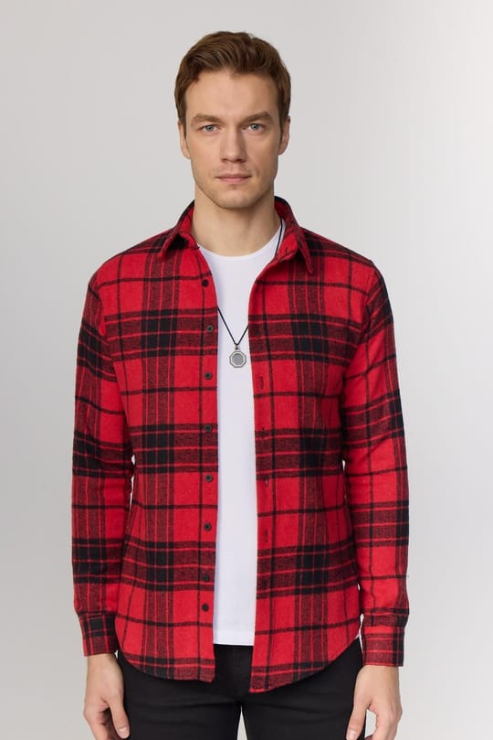 Erkek Slim Fit Dar Kesim Uzun Kollu Kareli Kışlık Oduncu Gömlek