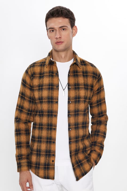 Erkek Slim Fit Dar Kesim Uzun Kollu Kareli Kışlık Oduncu Gömlek