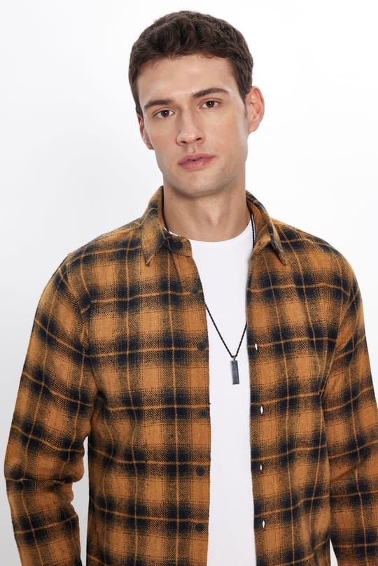 Erkek Slim Fit Dar Kesim Uzun Kollu Kareli Kışlık Oduncu Gömlek