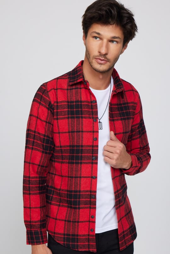 Slim Fit Dar Kesim Kareli Oduncu Kırmızı-Siyah Erkek Gömlek