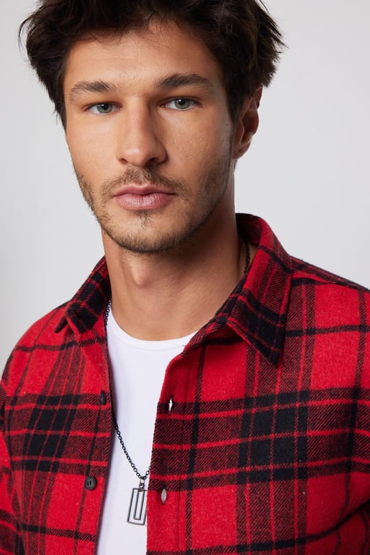 Erkek Slim Fit Dar Kesim Uzun Kollu Kareli Kışlık Oduncu Gömlek