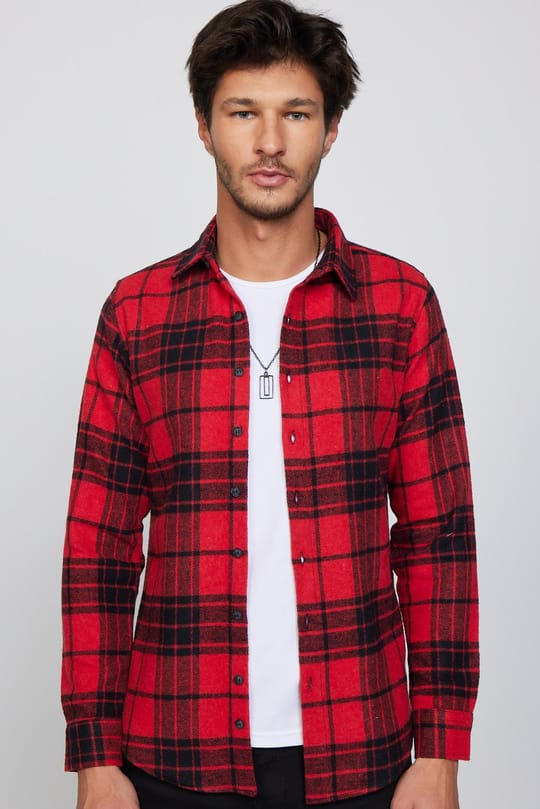 Erkek Slim Fit Dar Kesim Uzun Kollu Kareli Kışlık Oduncu Gömlek