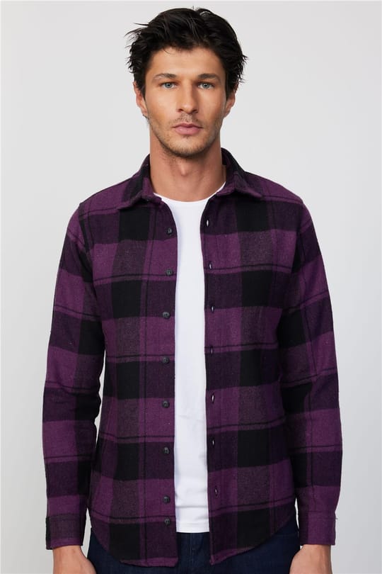 Slim Fit Dar Kesim Kareli Oduncu Erkek Gömlek