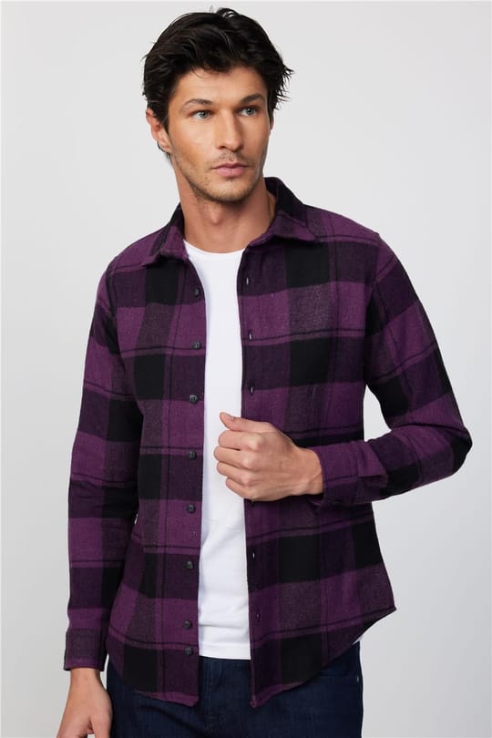 Erkek Slim Fit Dar Kesim Uzun Kollu Kareli Kışlık Oduncu Gömlek