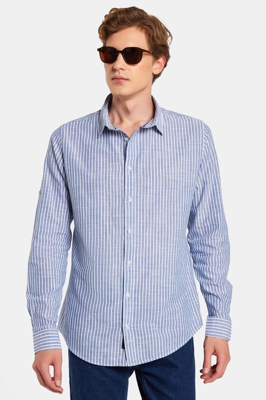 Erkek Slim Fit Dar Kesim Uzun Kollu %100 Pamuk Keten Doku Çizgili Gömlek