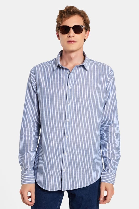 Erkek Slim Fit Dar Kesim Uzun Kollu %100 Pamuk Keten Doku Çizgili Gömlek