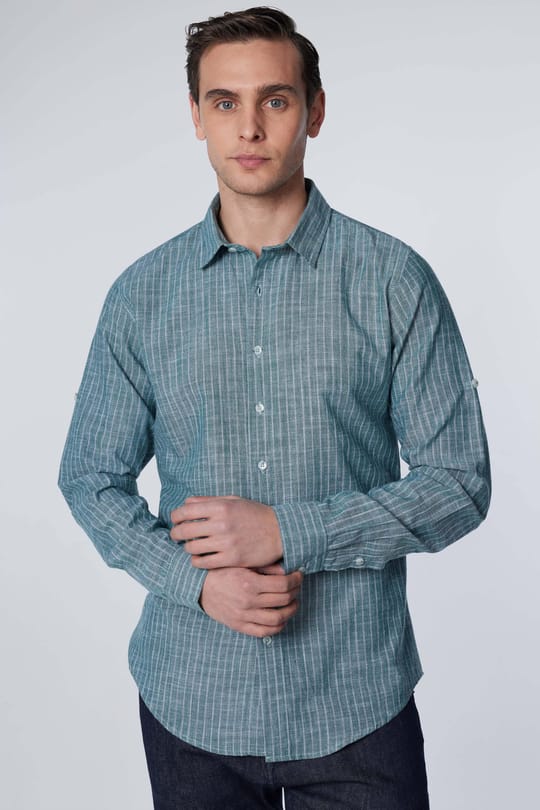 Erkek Slim Fit Dar Kesim Uzun Kollu %100 Pamuk Keten Doku Çizgili Gömlek