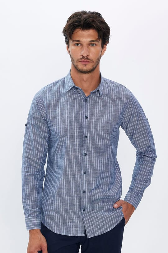 Erkek Slim Fit Dar Kesim Uzun Kollu %100 Pamuk Keten Doku Çizgili Gömlek