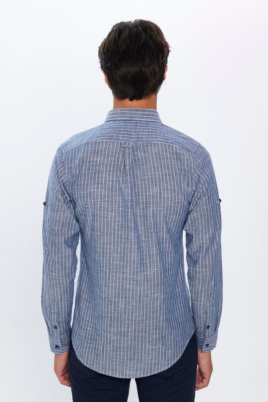 Erkek Slim Fit Dar Kesim Uzun Kollu %100 Pamuk Keten Doku Çizgili Gömlek