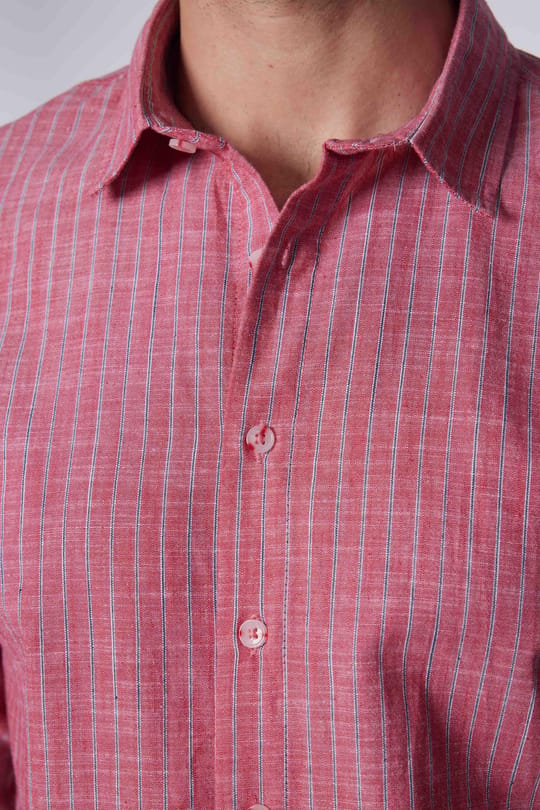 Erkek Slim Fit Dar Kesim Uzun Kollu %100 Pamuk Keten Doku Çizgili Gömlek