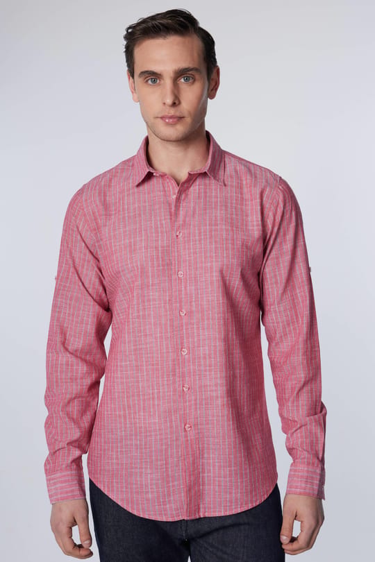 Erkek Slim Fit Dar Kesim Uzun Kollu %100 Pamuk Keten Doku Çizgili Gömlek
