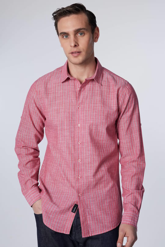 Erkek Slim Fit Dar Kesim Uzun Kollu %100 Pamuk Keten Doku Çizgili Gömlek