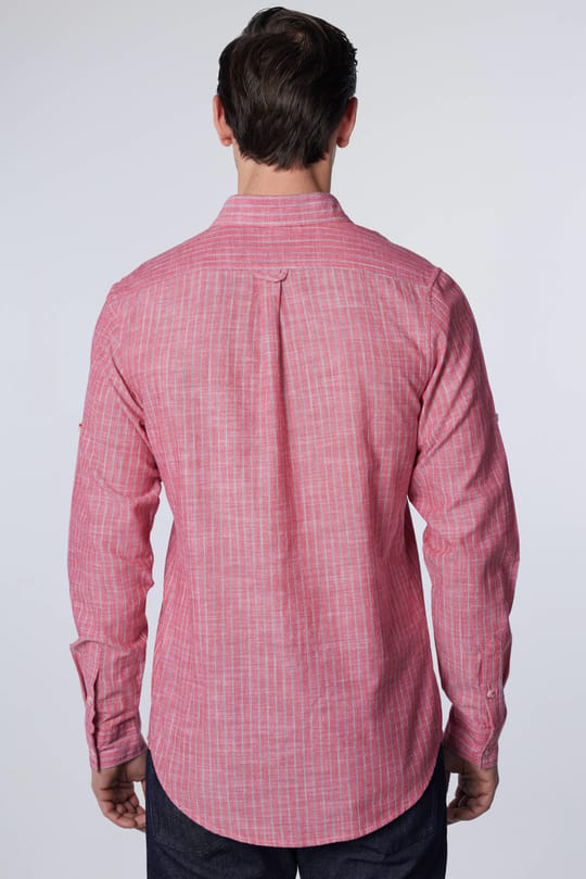 Erkek Slim Fit Dar Kesim Uzun Kollu %100 Pamuk Keten Doku Çizgili Gömlek