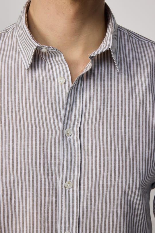 Erkek Slim Fit Dar Kesim Uzun Kollu %100 Pamuk Keten Doku Çizgili Gömlek