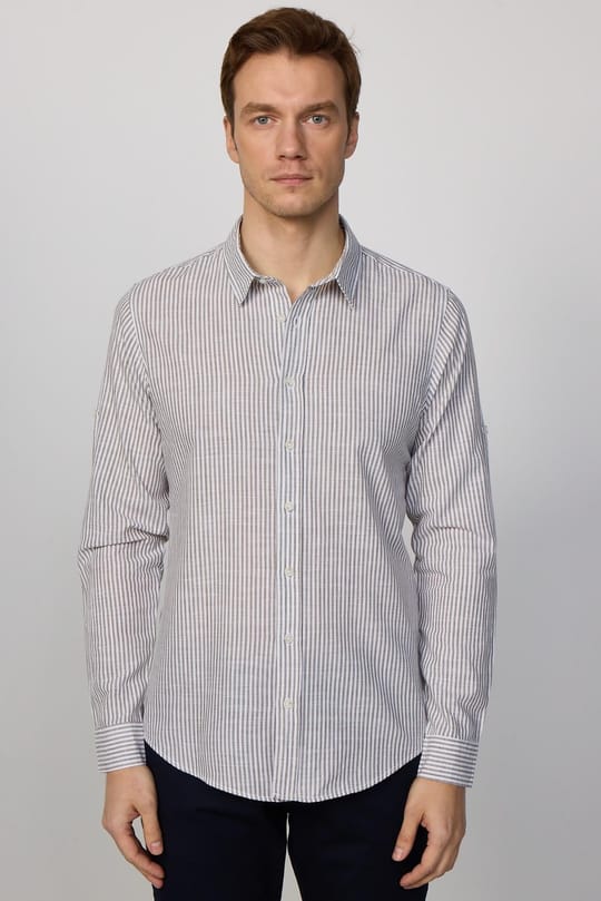 Erkek Slim Fit Dar Kesim Uzun Kollu %100 Pamuk Keten Doku Çizgili Gömlek