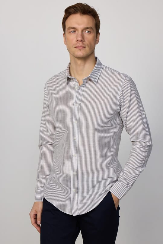 Slim Fit Dar Kalıp Çizgili Yazlık Keten Efekt Erkek Gömlek