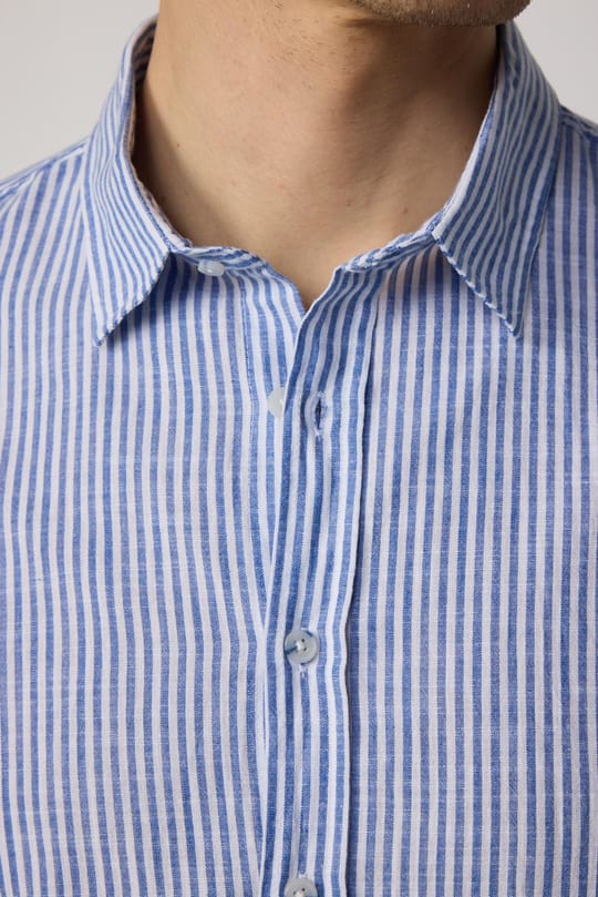 Erkek Slim Fit Dar Kesim Uzun Kollu %100 Pamuk Keten Doku Çizgili Gömlek