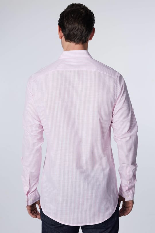 Erkek Slim Fit Dar Kesim Uzun Kollu %100 Pamuk Keten Doku Çizgili Gömlek