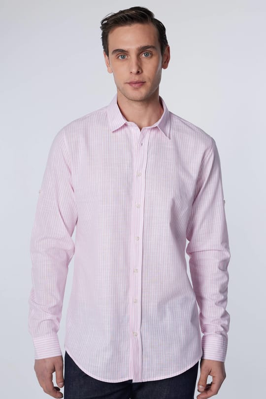 Slim Fit Dar Kesim Çizgili Yazlık Keten Efekt Erkek Gömlek