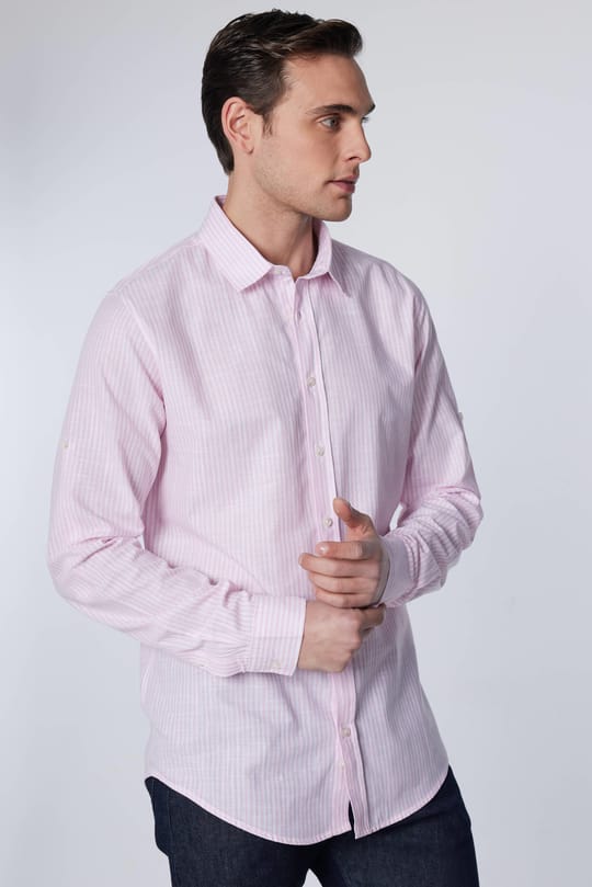 Erkek Slim Fit Dar Kesim Uzun Kollu %100 Pamuk Keten Doku Çizgili Gömlek