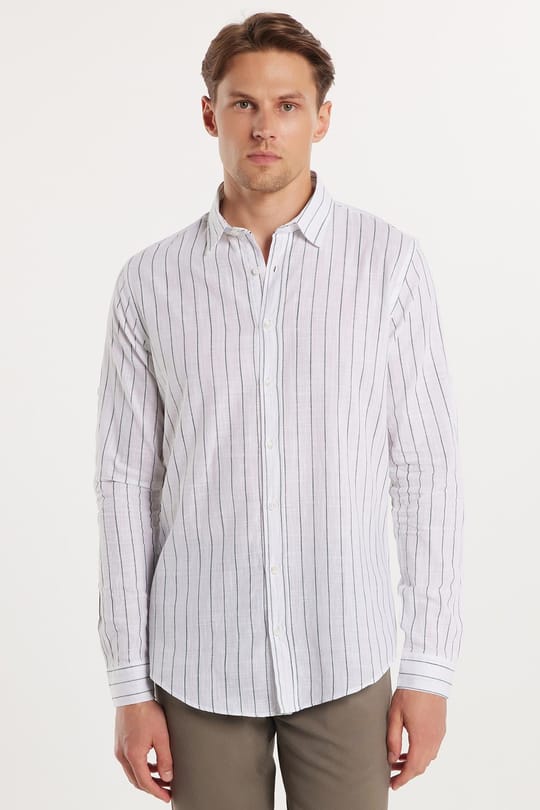 Erkek Slim Fit Dar Kesim Uzun Kollu %100 Pamuk Keten Doku Çizgili Gömlek