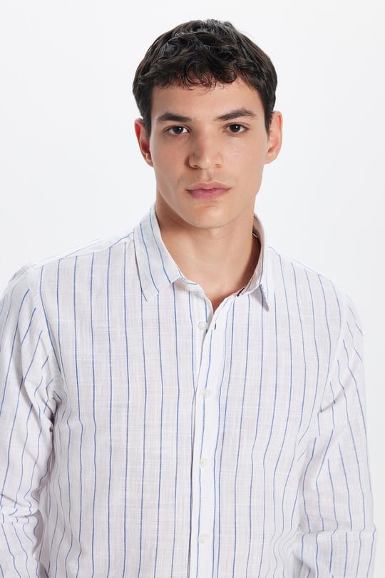 Erkek Slim Fit Dar Kesim Uzun Kollu %100 Pamuk Keten Doku Çizgili Gömlek