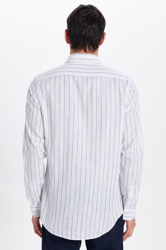Erkek Slim Fit Dar Kesim Uzun Kollu %100 Pamuk Keten Doku Çizgili Gömlek