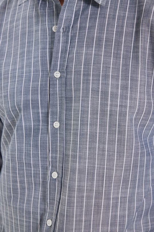 Erkek Slim Fit Dar Kesim Uzun Kollu %100 Pamuk Keten Doku Çizgili Gömlek