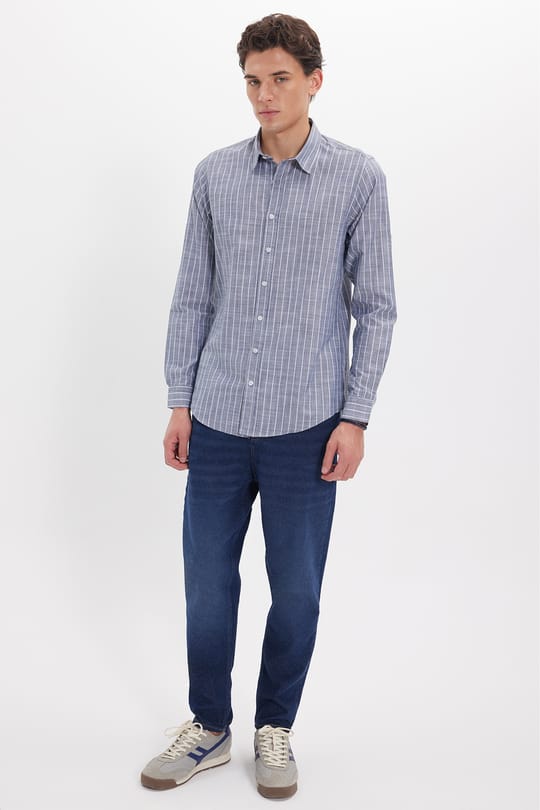 Erkek Slim Fit Dar Kesim Uzun Kollu %100 Pamuk Keten Doku Çizgili Gömlek