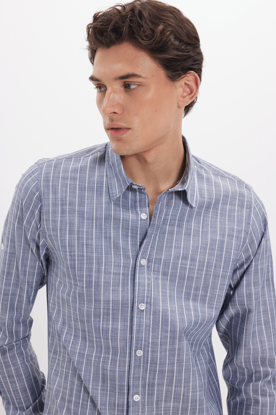 Erkek Slim Fit Dar Kesim Uzun Kollu %100 Pamuk Keten Doku Çizgili Gömlek