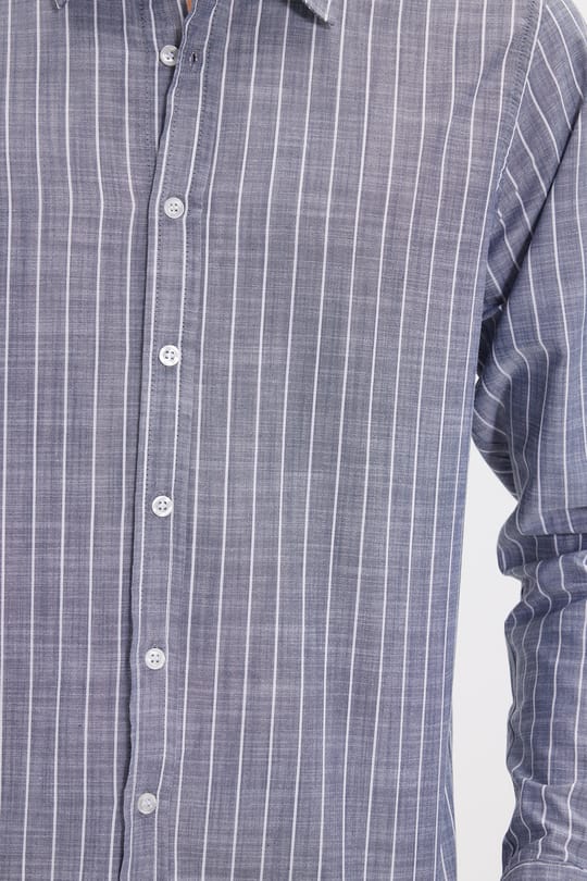 Erkek Slim Fit Dar Kesim Uzun Kollu %100 Pamuk Keten Doku Çizgili Gömlek