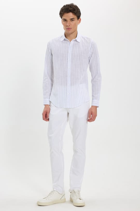 Erkek Slim Fit Dar Kesim Uzun Kollu %100 Pamuk Keten Doku Çizgili Gömlek