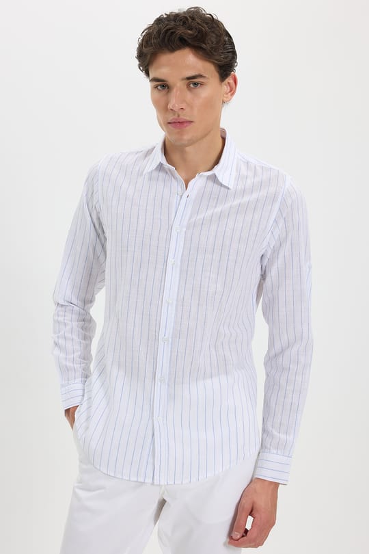 Erkek Slim Fit Dar Kesim Uzun Kollu %100 Pamuk Keten Doku Çizgili Gömlek