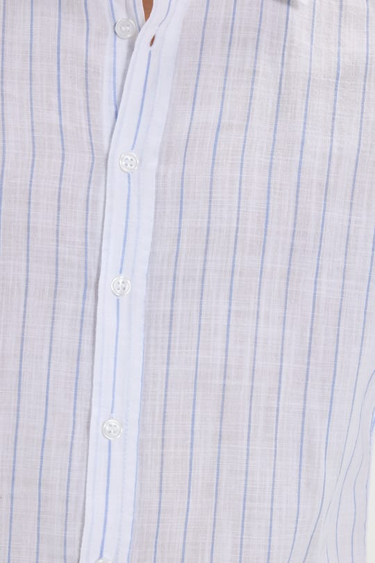 Erkek Slim Fit Dar Kesim Uzun Kollu %100 Pamuk Keten Doku Çizgili Gömlek