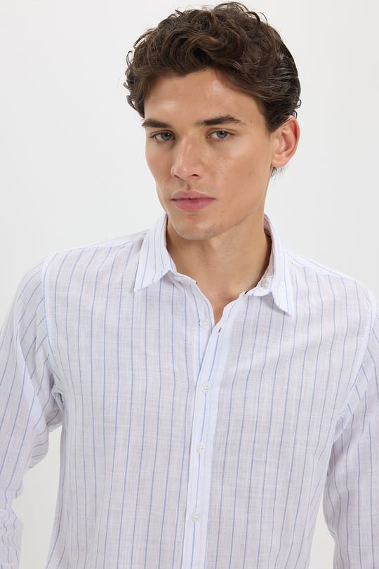 Erkek Slim Fit Dar Kesim Uzun Kollu %100 Pamuk Keten Doku Çizgili Gömlek