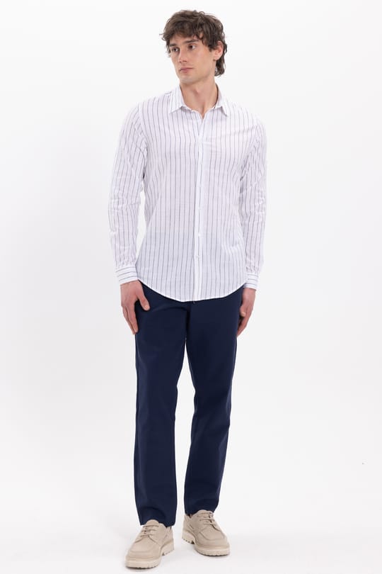 Erkek Slim Fit Dar Kesim Uzun Kollu %100 Pamuk Keten Doku Çizgili Gömlek