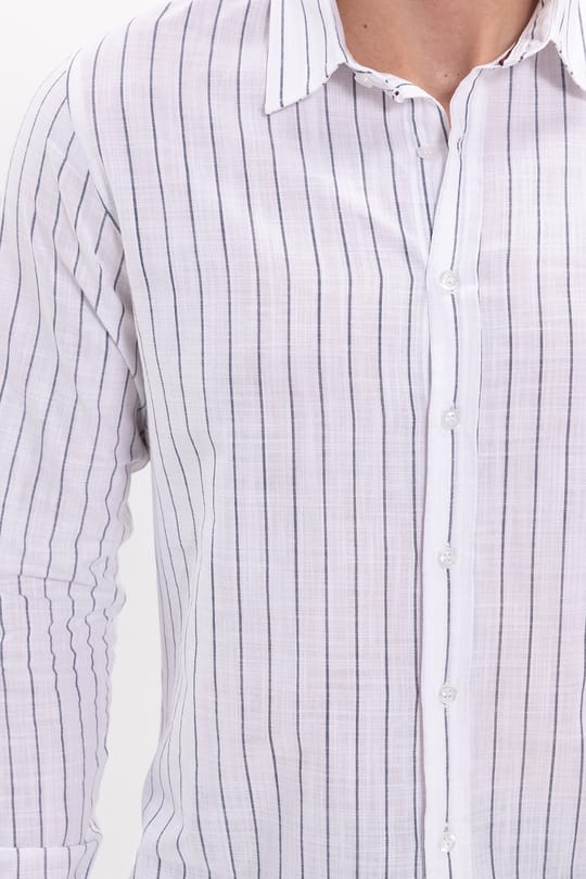 Erkek Slim Fit Dar Kesim Uzun Kollu %100 Pamuk Keten Doku Çizgili Gömlek