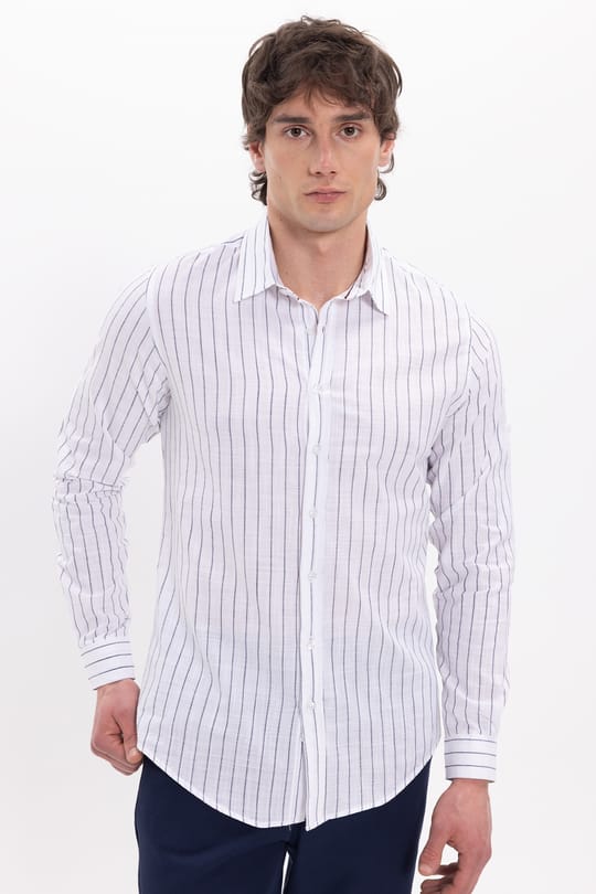 Erkek Slim Fit Dar Kesim Uzun Kollu %100 Pamuk Keten Doku Çizgili Gömlek