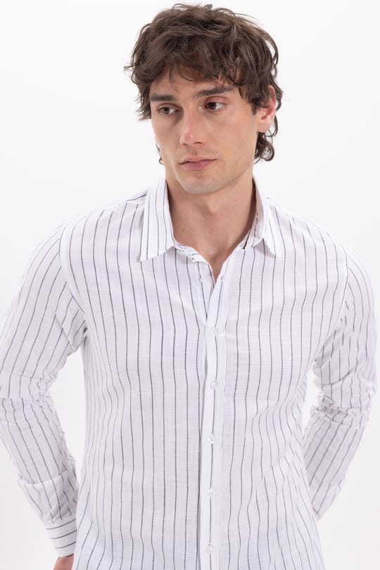 Erkek Slim Fit Dar Kesim Uzun Kollu %100 Pamuk Keten Doku Çizgili Gömlek