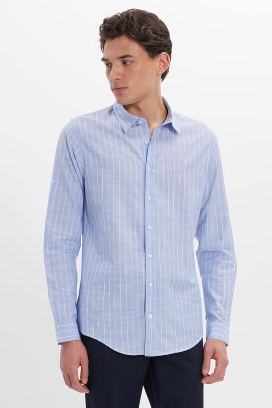 Erkek Slim Fit Dar Kesim Uzun Kollu %100 Pamuk Keten Doku Çizgili Gömlek