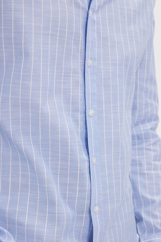 Erkek Slim Fit Dar Kesim Uzun Kollu %100 Pamuk Keten Doku Çizgili Gömlek