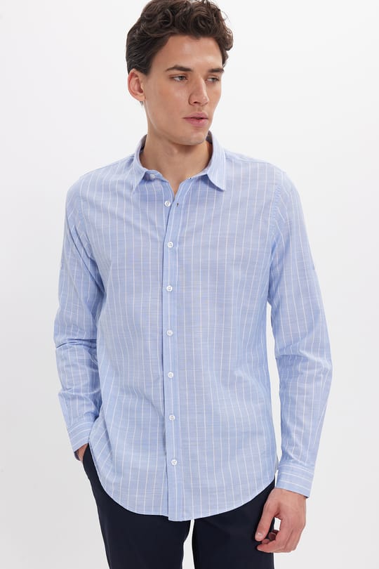 Erkek Slim Fit Dar Kesim Uzun Kollu %100 Pamuk Keten Doku Çizgili Gömlek