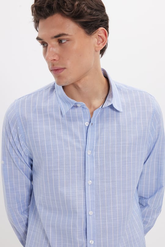 Erkek Slim Fit Dar Kesim Uzun Kollu %100 Pamuk Keten Doku Çizgili Gömlek